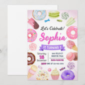 ドーナツの誕生日お誘い状 スイーツ キャンディー ドーナツ 招待状 (正面/裏面)