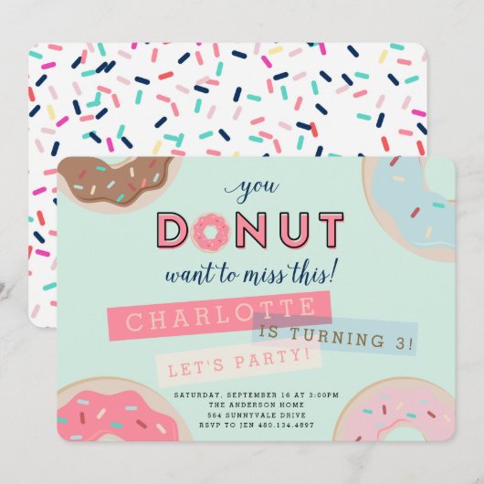 ドーナツの誕生日招待状 - このパーティーを逃すな！ 招待状 (正面/裏面)