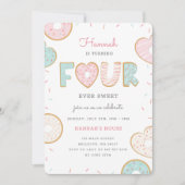 ドーナツの4年生誕のパーティー招待ピンク 招待状 (正面)