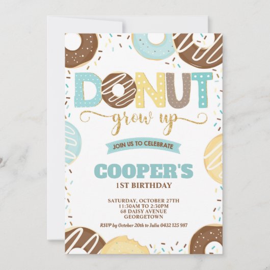 ドーナツは第1誕生日ドーナツパーティーの男の子を育ちます 招待状 (正面)