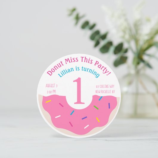 ドーナツをテーマにした最初の誕生日パーティの招待状 招待状 (スタンド正面)