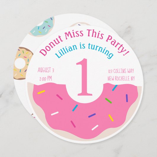 ドーナツをテーマにした最初の誕生日パーティの招待状 招待状 (正面/裏面)