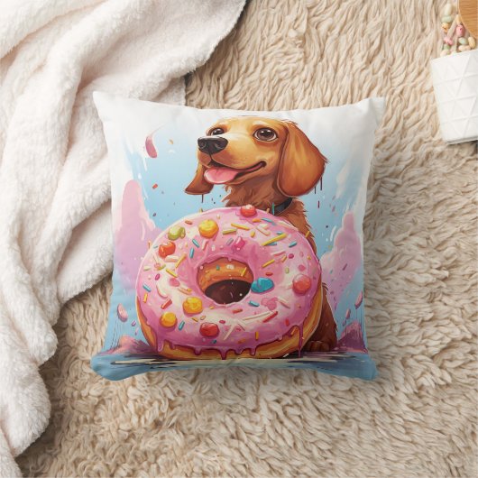 ドーナツを持つ可愛いダッチシュント犬 クッション (ブランケット)