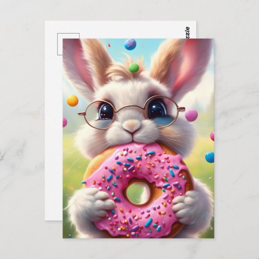 ドーナツを持つ愛らしい白うさぎ ポストカード (正面/裏面)