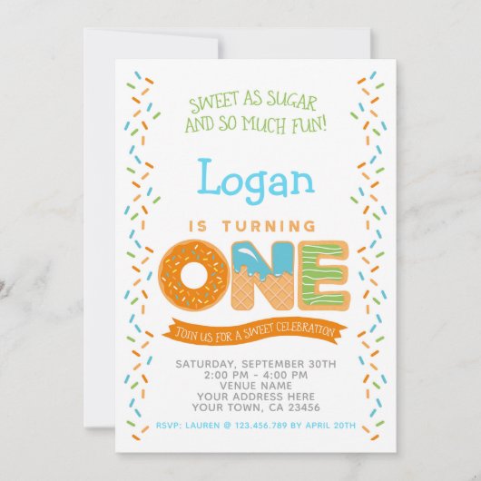 ドーナツアイスクリームのクッキー、菓子の誕生日の招待状 招待状 (正面)