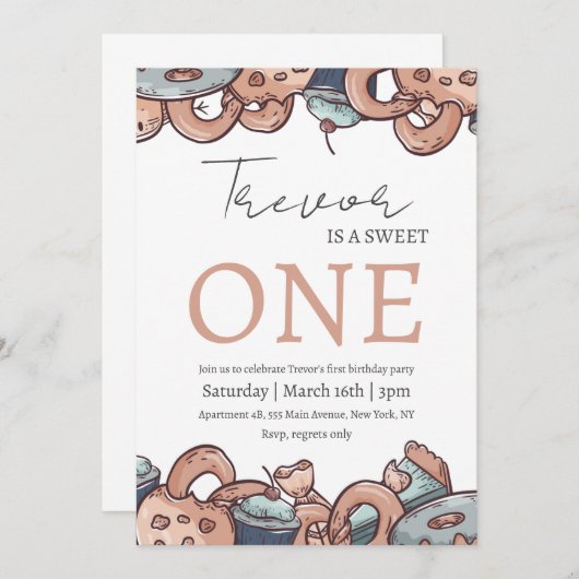 ドーナツイラストレーションスウィート1歳の誕生日 招待状 (正面/裏面)