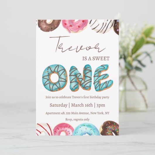 ドーナツイラストレーションスウィート1歳の誕生日 招待状 (スタンド正面)