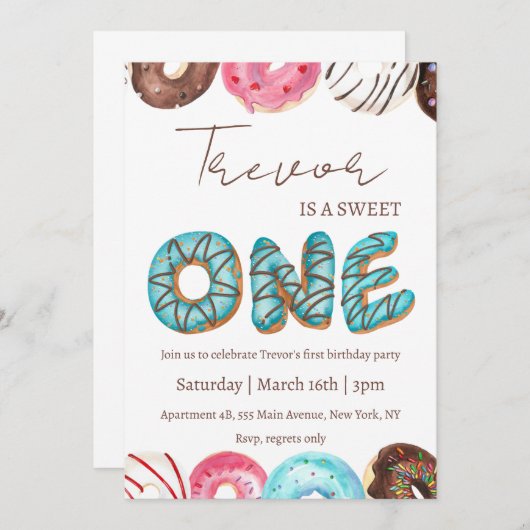 ドーナツイラストレーションスウィート1歳の誕生日 招待状 (正面/裏面)