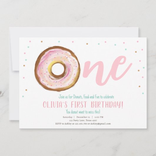 ドーナツウォーターカラースウィートワンガールファースト誕生日 招待状 (正面)