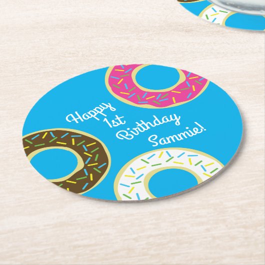 ドーナツカラフルドーナツ1st誕生日パーティーテーマ ラウンドペーパーコースター (アングル)