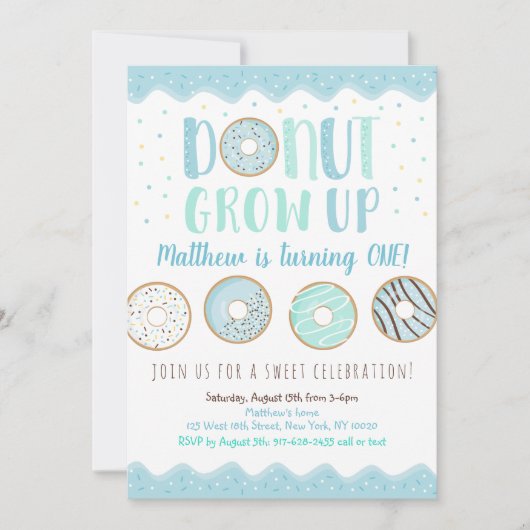 ドーナツグループアップブルードーナツ誕生日 招待状 (正面)