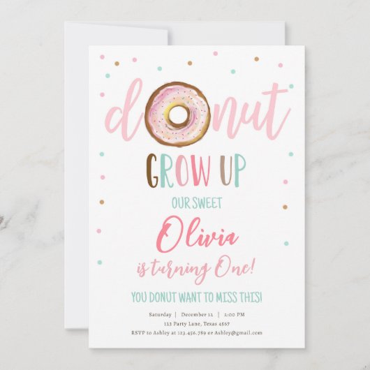 ドーナツグロウアップウォーターカラー私たちの甘い女の子の誕生日 招待状 (正面)
