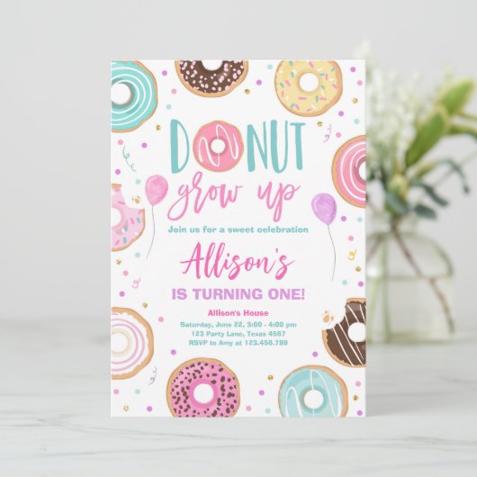 ドーナツグロウアップウォーターカラー私たちの甘い女の子誕生日I 招待状 (スタンド正面)