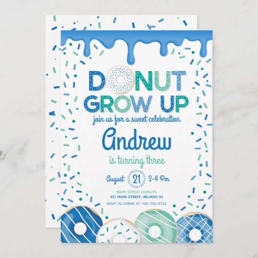 ドーナツグロウアップブルードーナツ誕生日招待状 招待状 (正面/裏面)