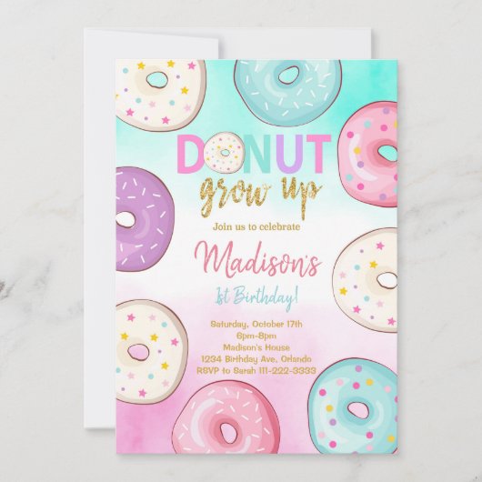 ドーナツグロウアップ子供の誕生日招待状 招待状 (正面)