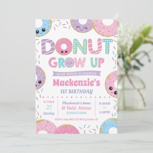 ドーナツグローアップかわいい誕生日招待状ガール 招待状 (スタンド正面)