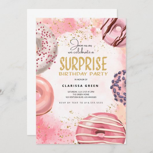 ドーナツサプライズパーティの招待状 招待状 (正面/裏面)