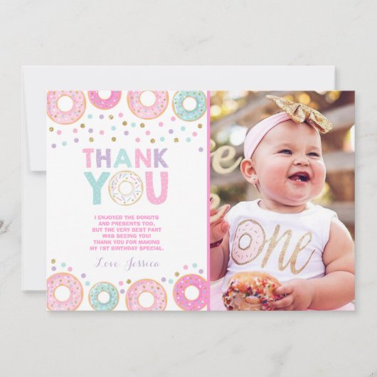 ドーナツサンキューカードドーナツ成長パーティーピンク金ゴールド サンキューカード (正面)