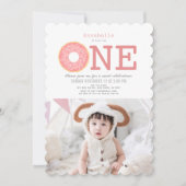 ドーナツシンプルピンクガール写真1st誕生日 招待状 (正面)