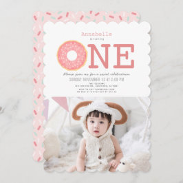 ドーナツシンプルピンクガール写真1st誕生日 招待状