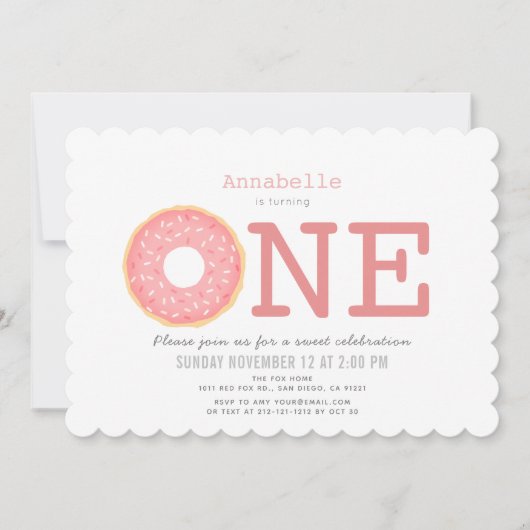 ドーナツシンプルピンクガール1st誕生日 招待状 (正面)