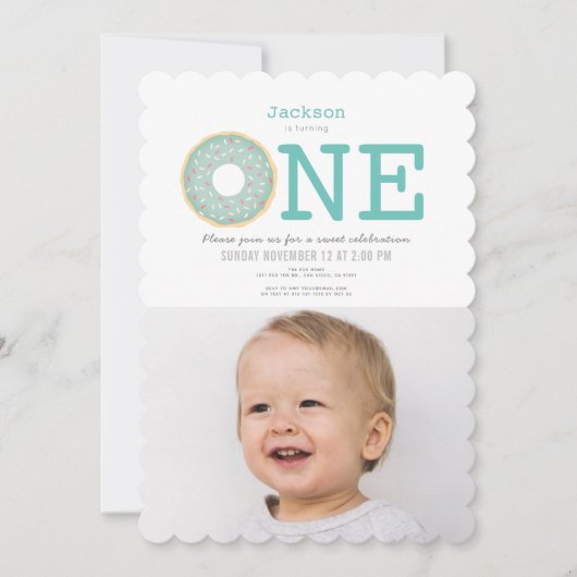 ドーナツシンプルミントグリーンボーイ写真第1誕生日 招待状 (正面)