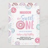 ドーナツスイートワンパステルピンクガールファースト誕生日 招待状 (正面/裏面)