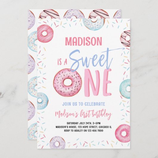 ドーナツスイートワンパステルピンクガールファースト誕生日 招待状 (正面/裏面)
