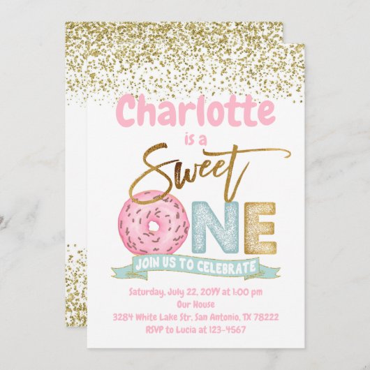 ドーナツスイートワン金ゴールドふりかける1st誕生日パーティー 招待状 (正面/裏面)