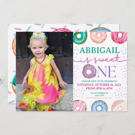 ドーナツスイートワン1歳の誕生日パーティー 招待状 (正面/裏面)