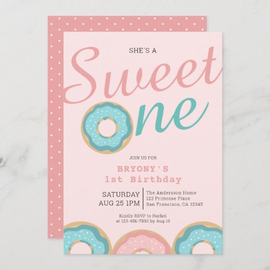 ドーナツスイートワン1歳の誕生日パーティー 招待状 (正面/裏面)