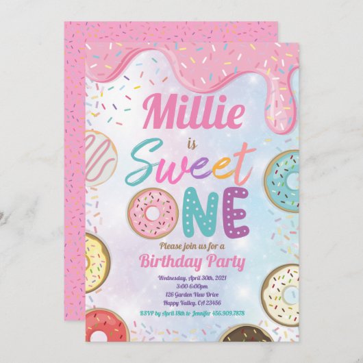 ドーナツスイートワン1st誕生日パーティーピンクパステルInv 招待状 (正面/裏面)