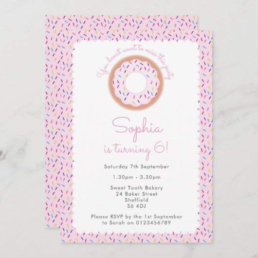 ドーナツテーマの誕生日パーティーの招待 招待状 (正面/裏面)