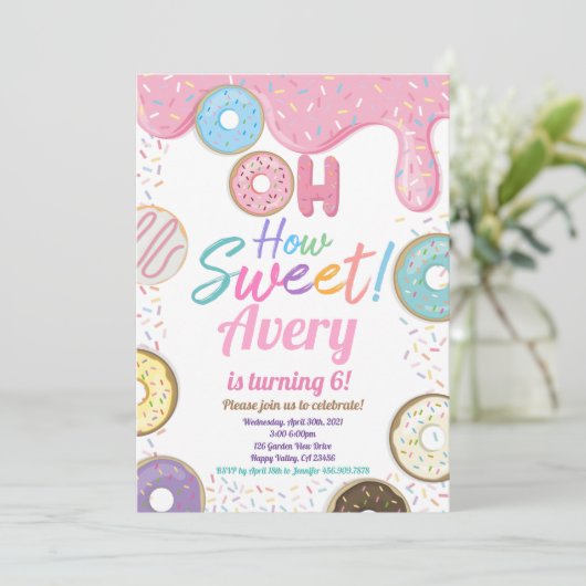 ドーナツハウスイートバースデーパーティーピンクパステルガール 招待状 (スタンド正面)