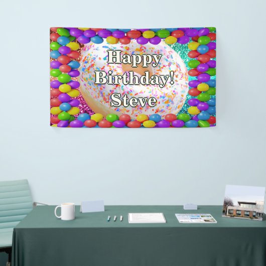 ドーナツパーソナライズされたキャラクター誕生日バナー 横断幕 (トレードショー)