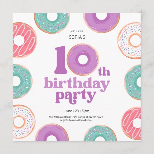 ドーナツパーティーガール10歳の誕生日招待状 招待状 (正面)