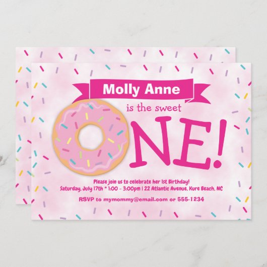ドーナツパーティーレインボーブラントガールファースト誕生日 招待状 (正面/裏面)