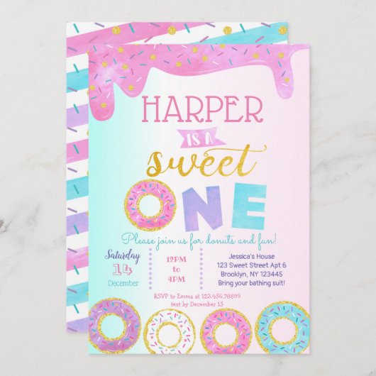 ドーナツファーストバースデーパーティ招待状スウィートワン 招待状 (正面/裏面)