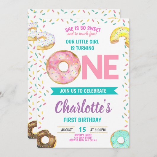 ドーナツファースト誕生日ガールスイートおもしろいカワイト 招待状 (正面/裏面)