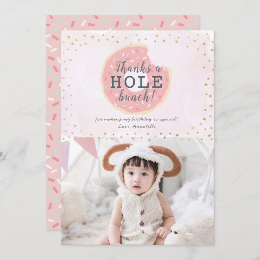 ドーナツフォトピンク誕生日サンキューカード 招待状 (正面/裏面)
