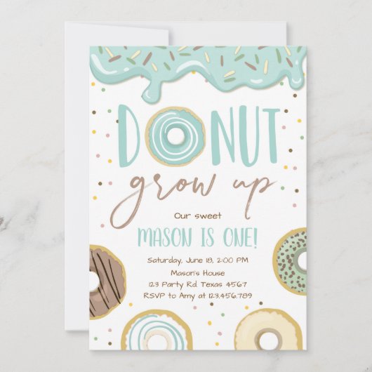 ドーナツブルーボーイバースデーパーティーで成長 招待状 (正面)