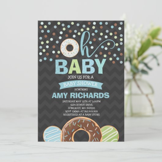 ドーナツベビーシャワーの招待状ドーナツはシャワーを振りかけます 招待状 (スタンド正面)