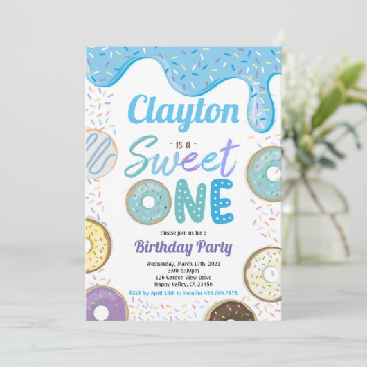 ドーナツボーイスウィートワン1st誕生日パーティーブルー 招待状 (スタンド正面)