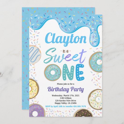 ドーナツボーイスウィートワン1st誕生日パーティーブルー 招待状 (正面/裏面)