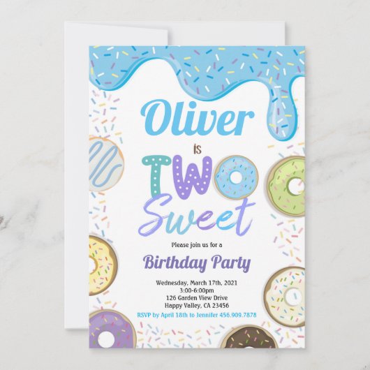 ドーナツボーイ2スイート2歳の誕生日パーティーブルー 招待状 (正面)