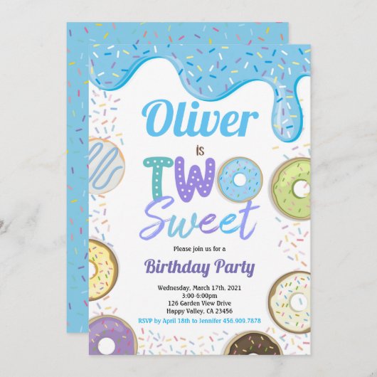 ドーナツボーイ2スイート2歳の誕生日パーティーブルー 招待状 (正面/裏面)