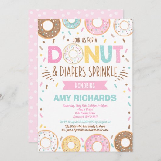 ドーナツ及びおむつベビー散布招待状 招待状 (正面/裏面)