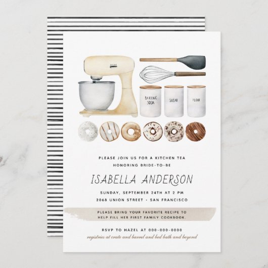 ドーナツ台所用品ボホブライダルシャワー 招待状 (正面/裏面)