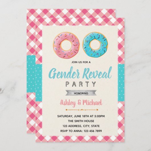 ドーナツ性別の表示パーティの招待状 招待状 (正面/裏面)