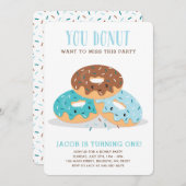 ドーナツ恋しく思このおもしろい誕生日パーティーの招待青 招待状 (正面/裏面)